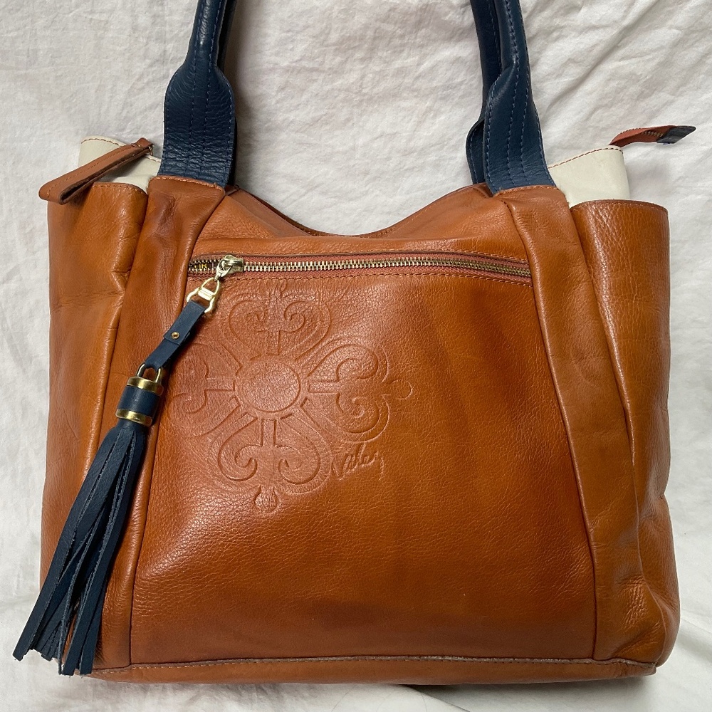 Velez Tan, Blue, and Cream Leather Tote or Shoulder Bag